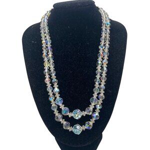 Vintage Crystal Double Strand Necklace 15" + 2" Aurora Borealis Beads Bridal